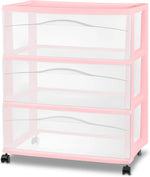 Sterilite Wide 3-Drawer Cart with Wheels for Bedroom & Dresser, Pink Frost