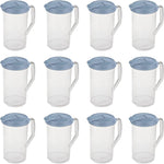 Sterilite 2 Quart Clear Round Plastic Pitcher, Dishwasher Proof with Blue Lid, Spout, and Handle for Easy Pouring, Washed Blue, 12-Pack