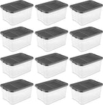 Sterilite 76 Quart Plastic Stacker Box, Lidded Storage Bin Container for Home and Garage Organizing, Shoes, Tools, Clear Base & Gray Lid, 12-Pack