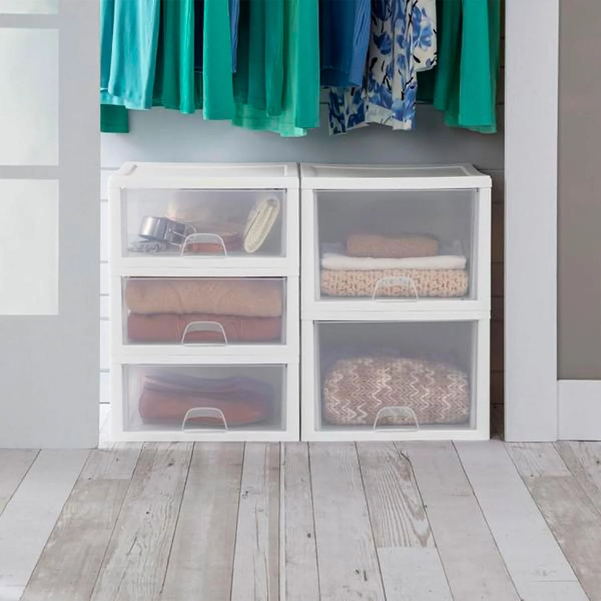 Sterilite 27 Quart White Frame Clear Plastic Stackable Storage Container Bin w/Single Drawer for Craft, Pantry, Sink, & Desktop Organization, 32 Pack