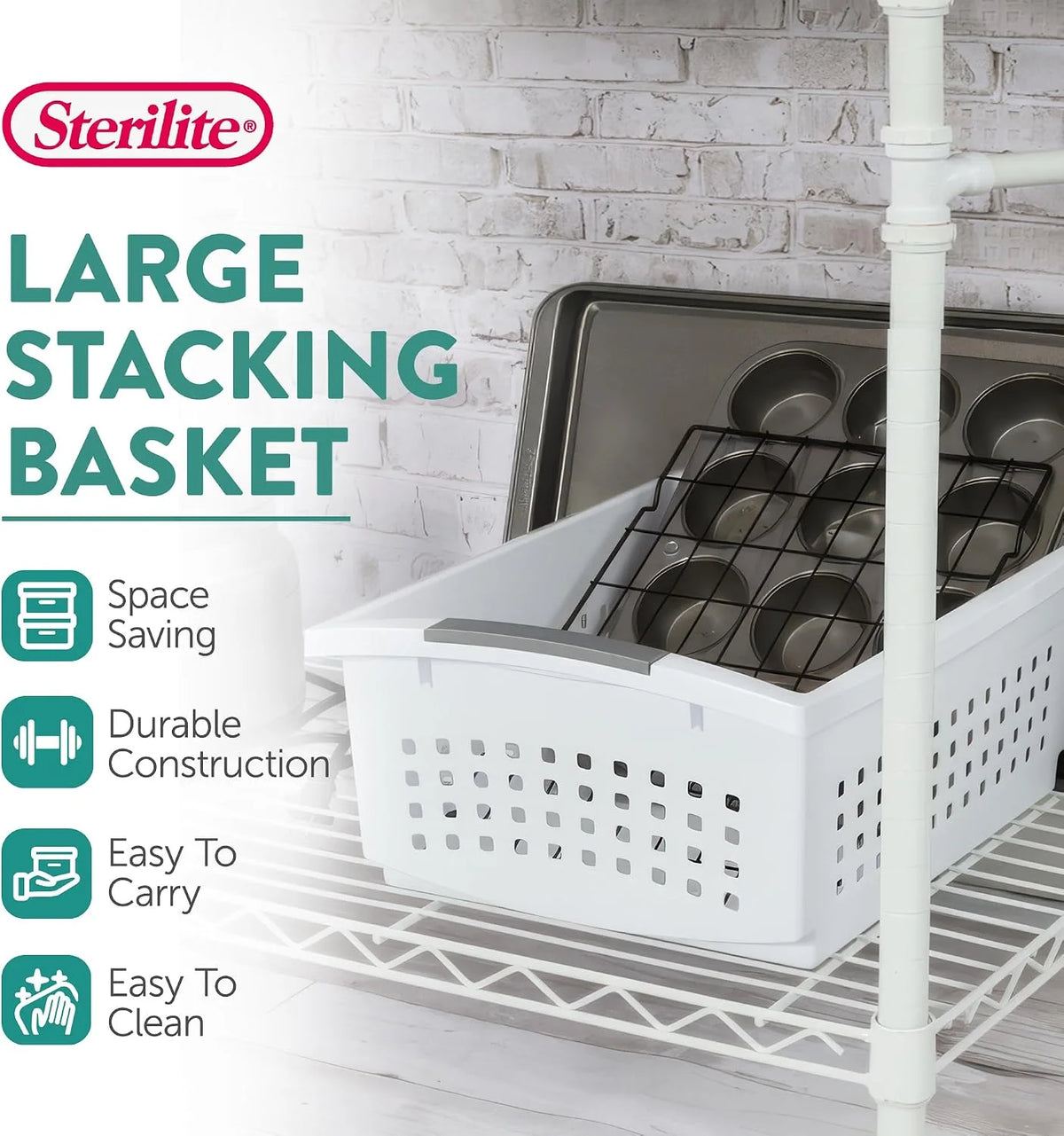 Sterilite Large Stacking Basket Plastic Storage Organizer, White, 12-Pack