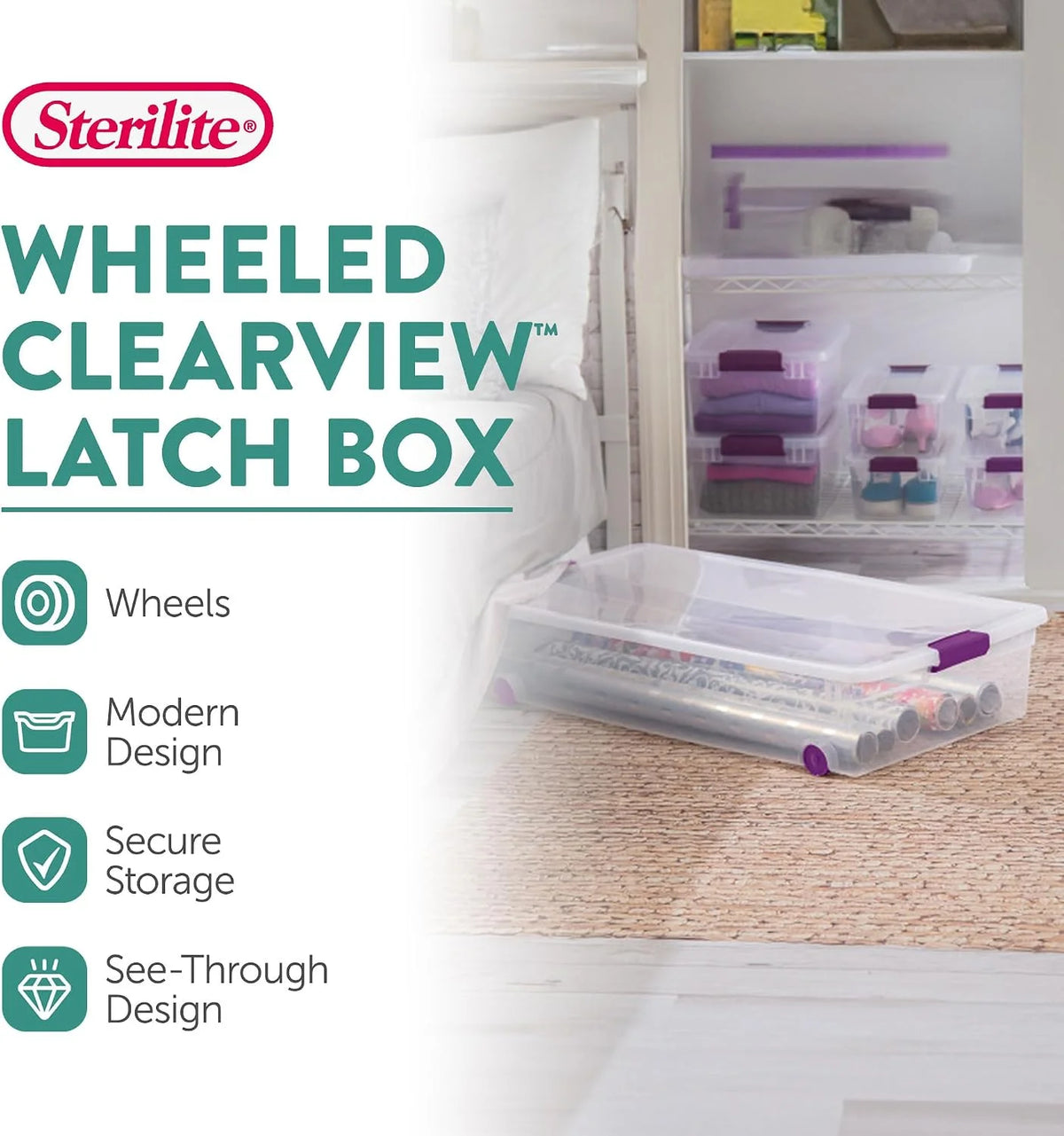 Sterilite 8-Pack 60 Quart ClearView Latch Box, Wheeled Underbed Organizer Bins with Latching Lids - Clear Plastic Organization Containers for Closet, Bedroom, Shelving Units and Everyday Home Storage