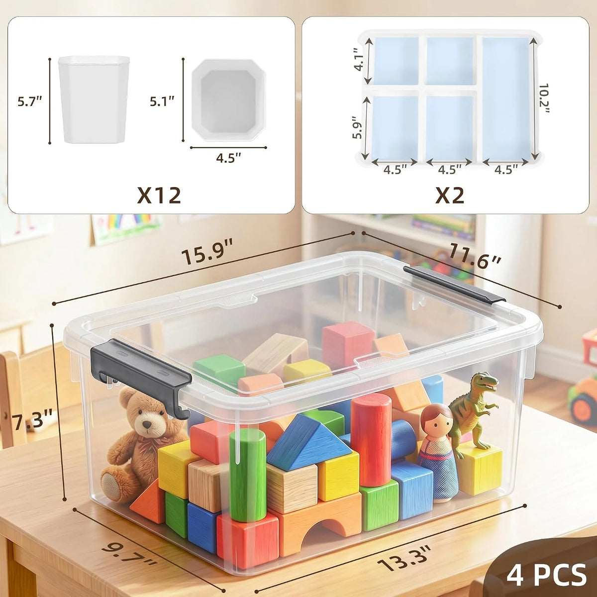 Citylife 17QT 4-Pack Storage bins with Lid 6 Marker inserts Buildable Lid