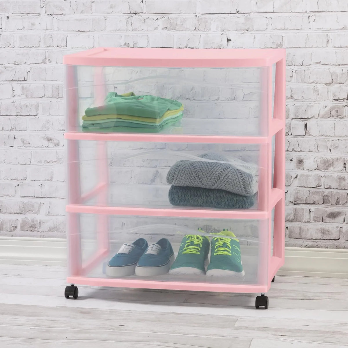 Sterilite Wide 3-Drawer Cart with Wheels for Bedroom & Dresser, Pink Frost