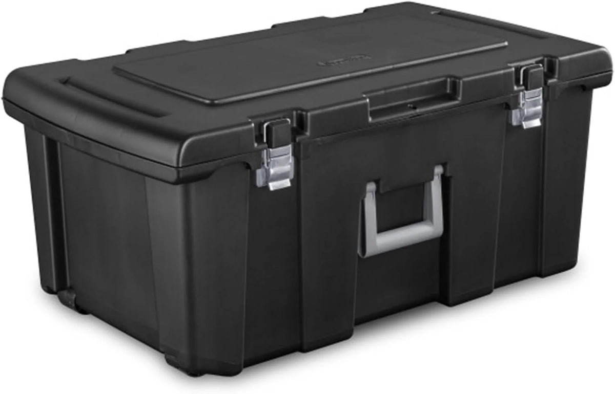 Sterilite Footlocker, Stackable Storage Bin with Latching Lid, Wheels and Handle, Plastic Rolling Container to Organize Basement, Black, (Pack of 1)