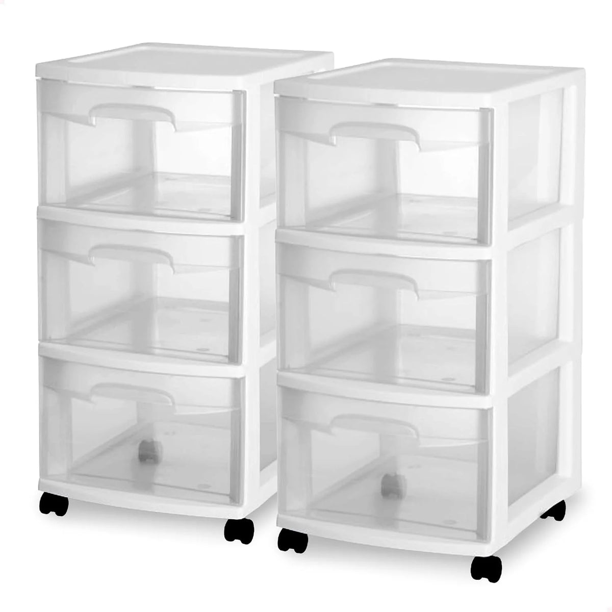 Sterilite 2 Pack Plastic Storage Organizer, 3 Drawer Rolling Bin Cart, Closet Organization, White