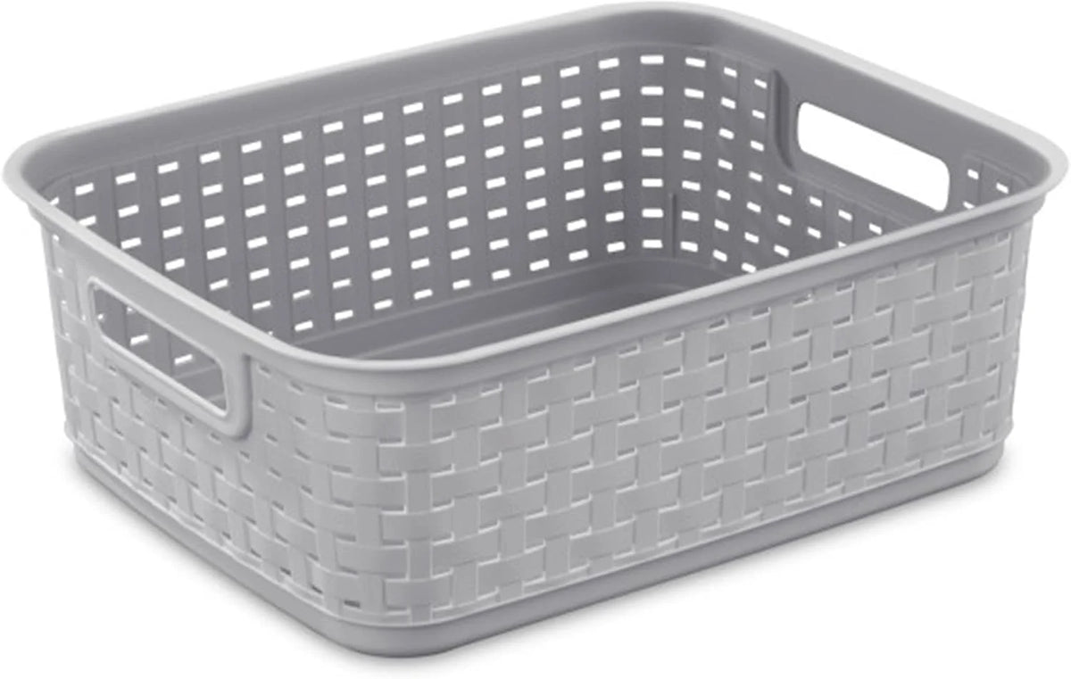 Sterilite Short Weave Basket, Rectangular Plastic Décor Bin, Gray, 6 Pack