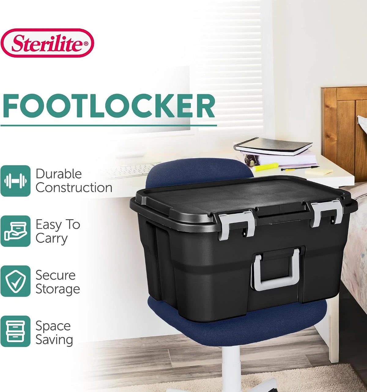 Sterilite Footlocker Tote, Plastic Storage Trunk, Black, 14 Gal, 2-Pack