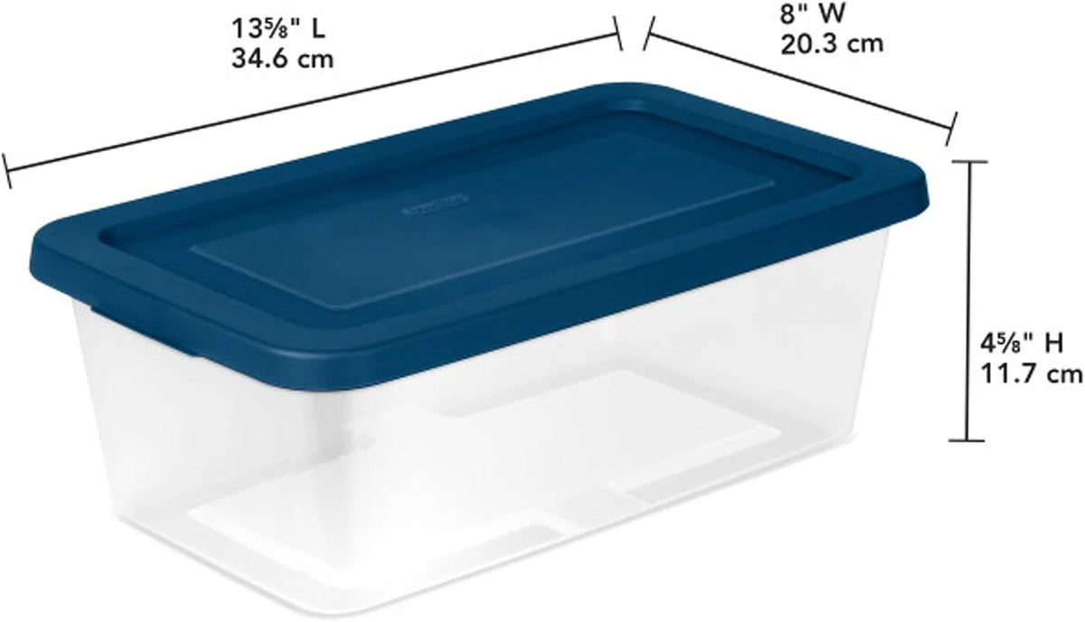 Sterilite Stackable 6 Qt Storage Box Container, Clear, Marine Blue Lid (60 Pack)