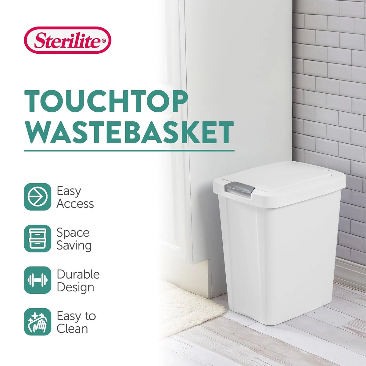 Sterilite TouchTop Plastic Wastebasket, 7.5 Gallon, White, 16-Pack
