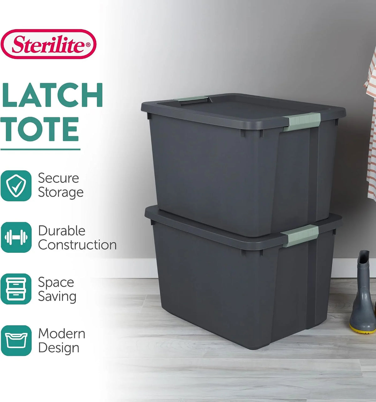 Sterilite 12 Pack 20 Gallon Latch Tote, Stackable Plastic Storage Bin Container, Gray/Green