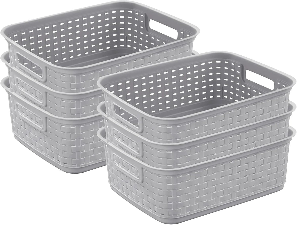Sterilite Short Weave Basket, Rectangular Plastic Décor Bin, Gray, 6 Pack