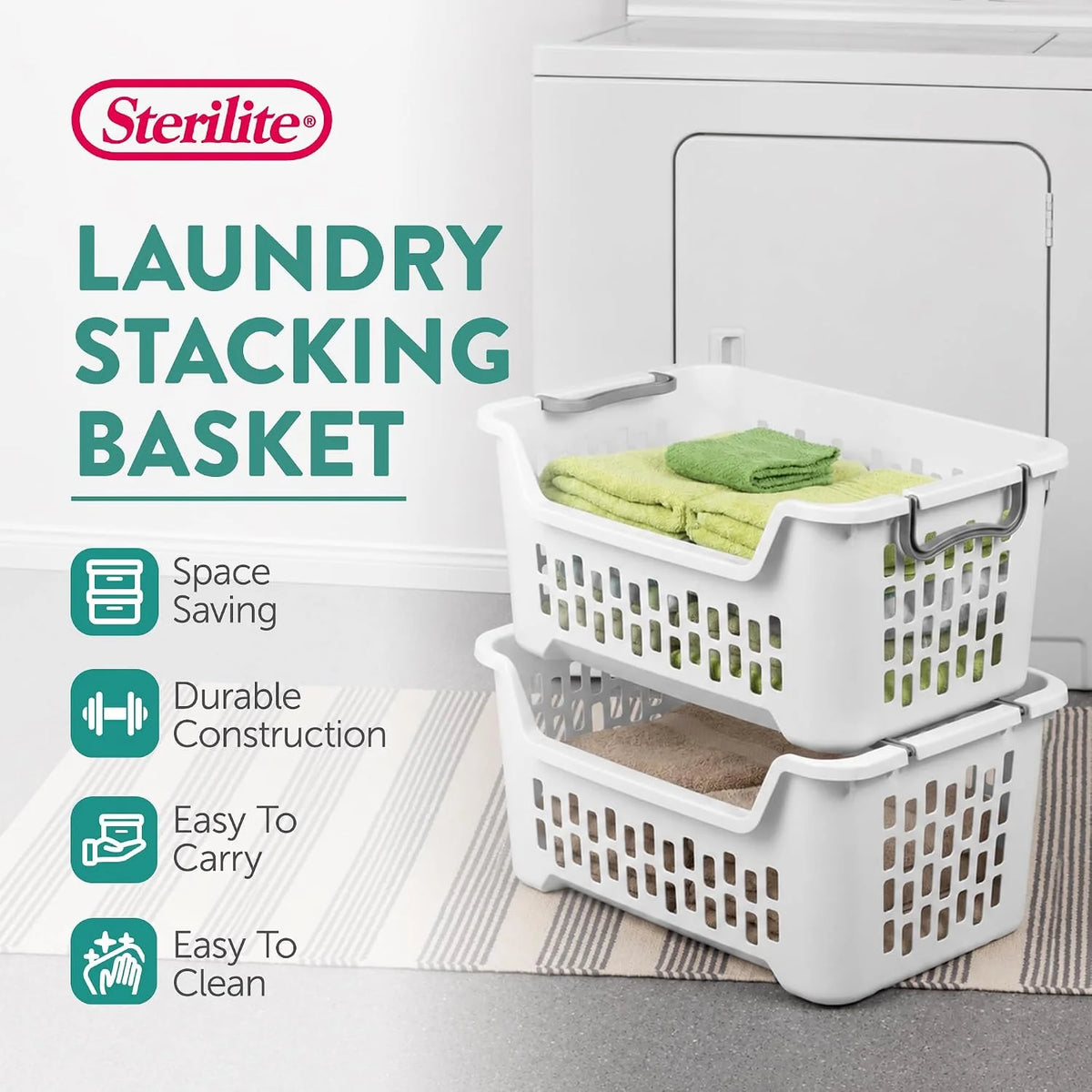 Sterilite Stacking Laundry Basket, Plastic Clothes Hamper, 12-Pack