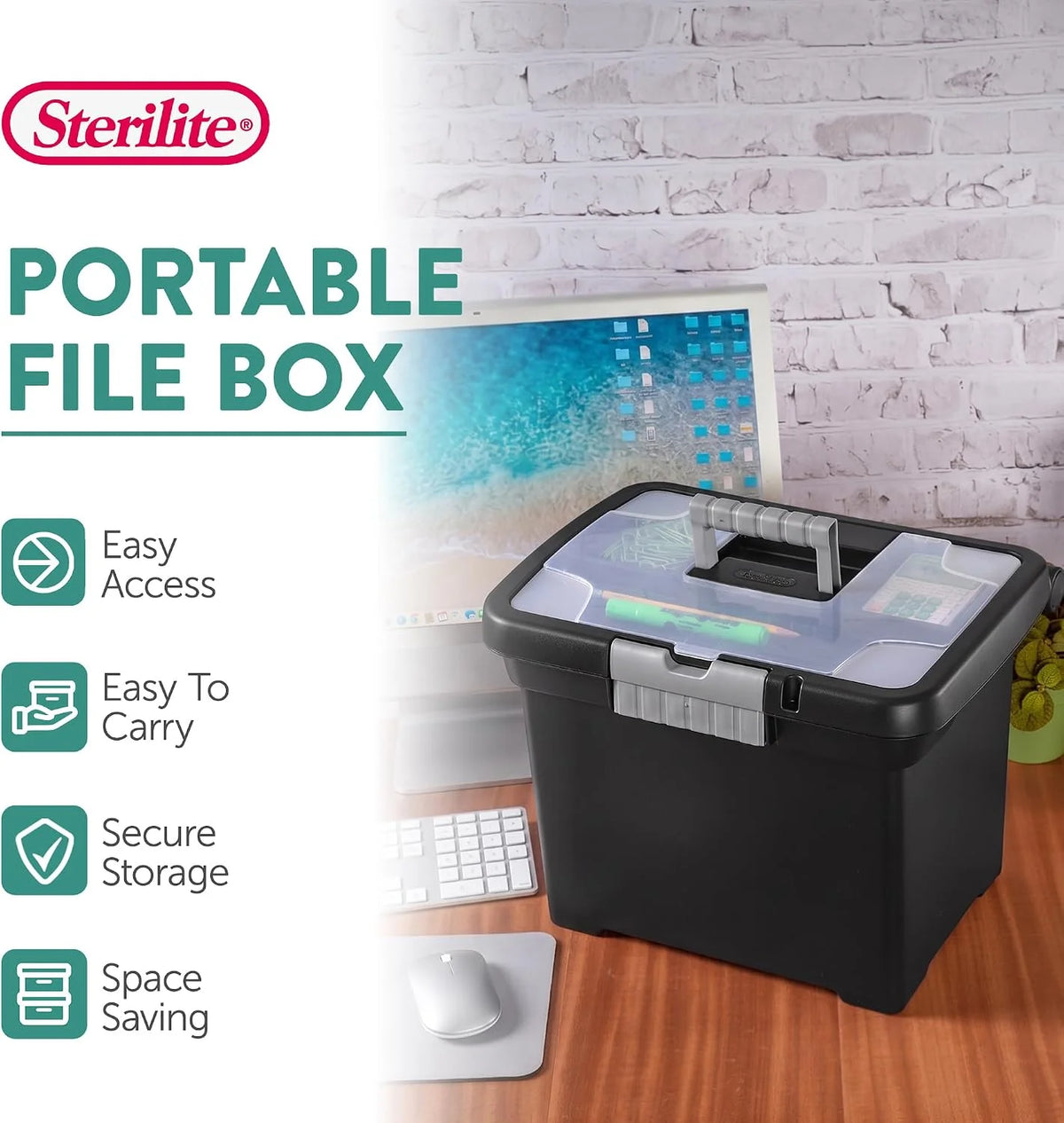 Sterilite Portable File Box, Letter File Storage Bin with Handle, 4 Pack