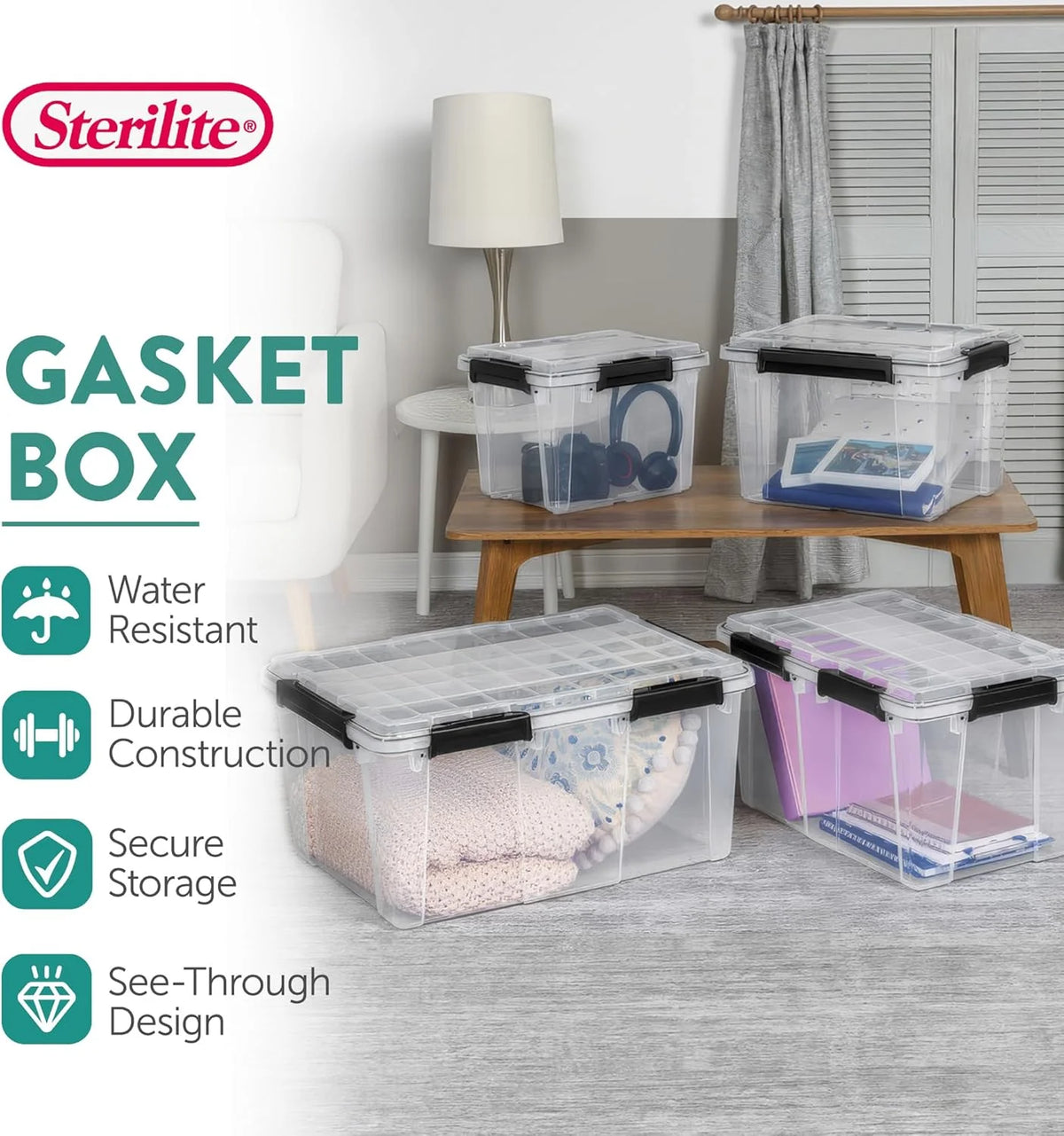Sterilite 12 Pack 19 Qt Gasket Box, Clear Stackable Plastic Storage Container with Lids, Black - Waterproof and Dustproof Tote for Home Organization