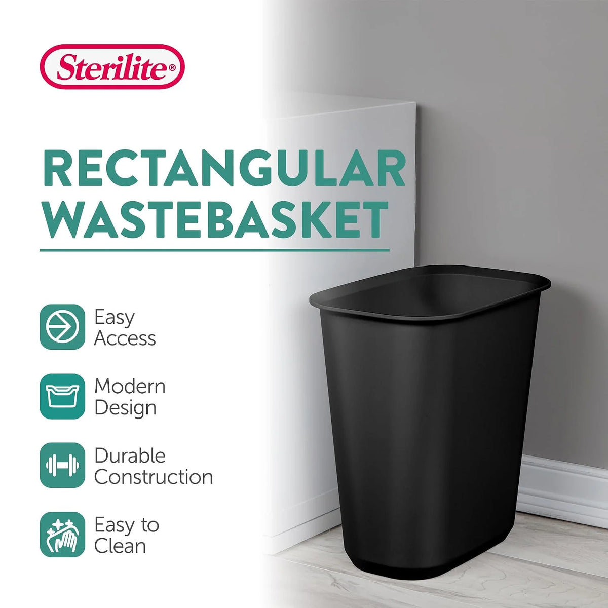 Sterilite Rectangular Wastebasket 5.5 Gallon, Black, 18-Pack