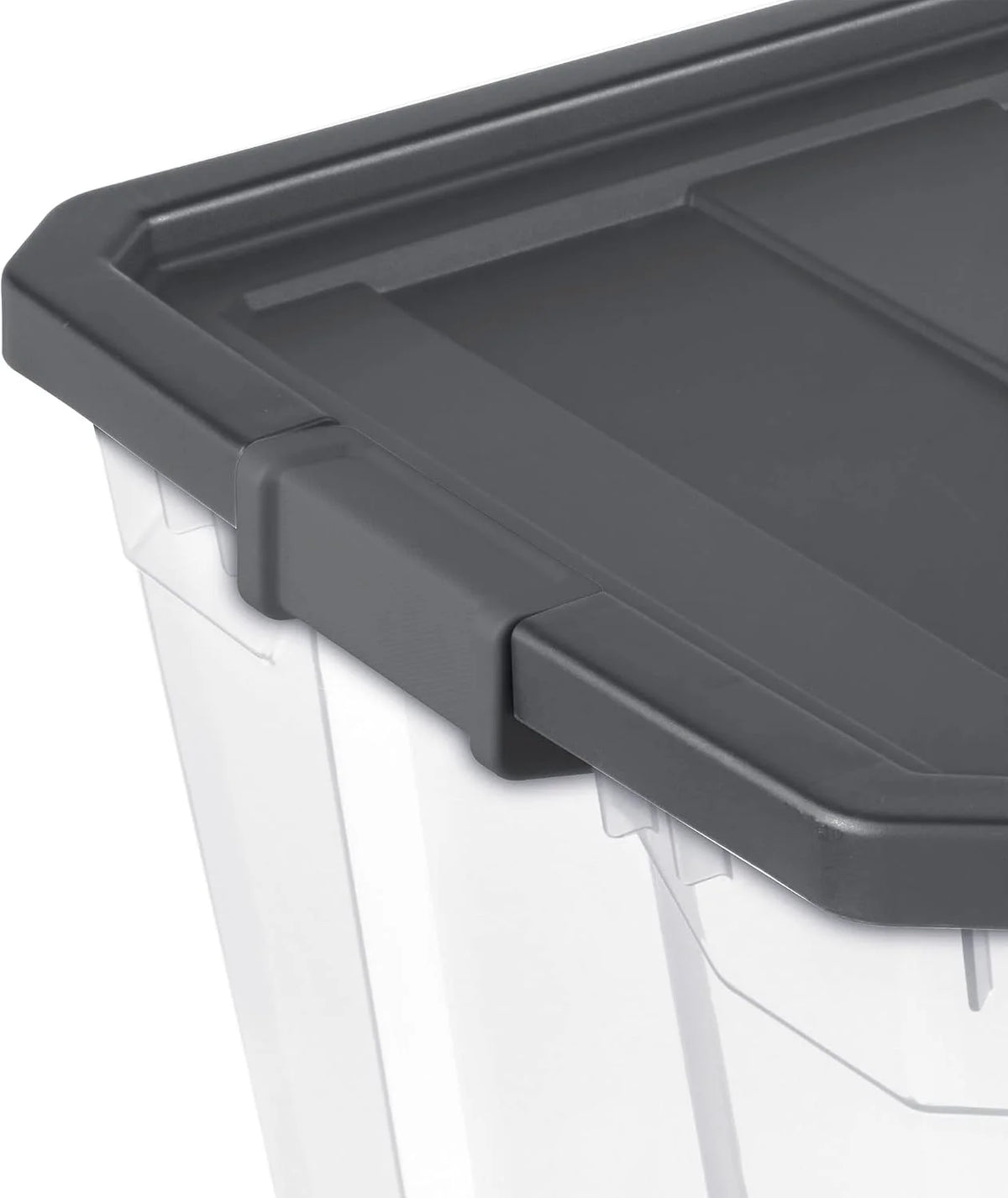 Sterilite 200 Quart Clear Plastic Modular Stacker Storage Bin Tote Container with Latching Lid, Clear Base, and Textured Sure-Grip Surface, Flat Grey