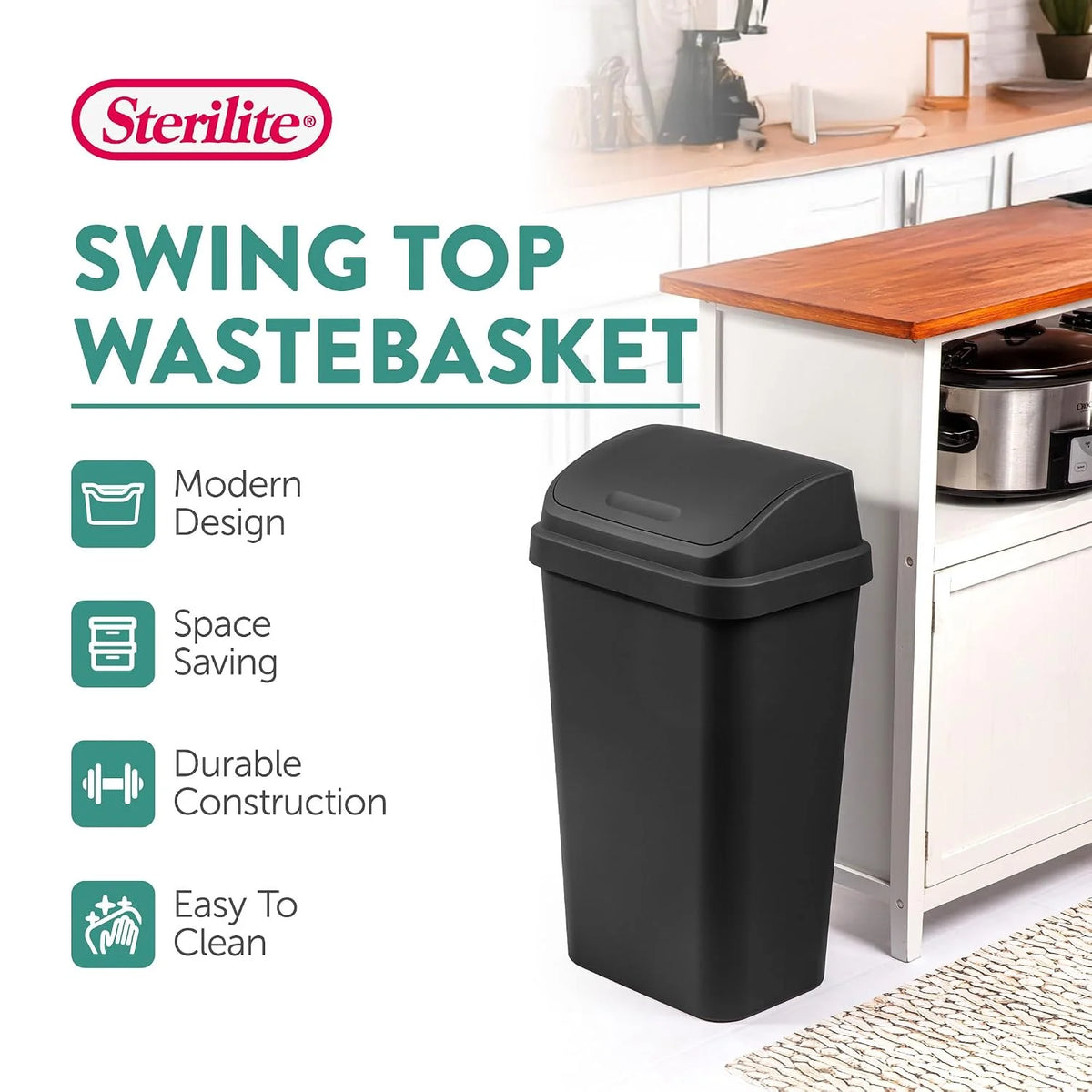 Sterilite Swing Top Wastebasket, Trash Can, 13 Gallon, Black, 4-Pack