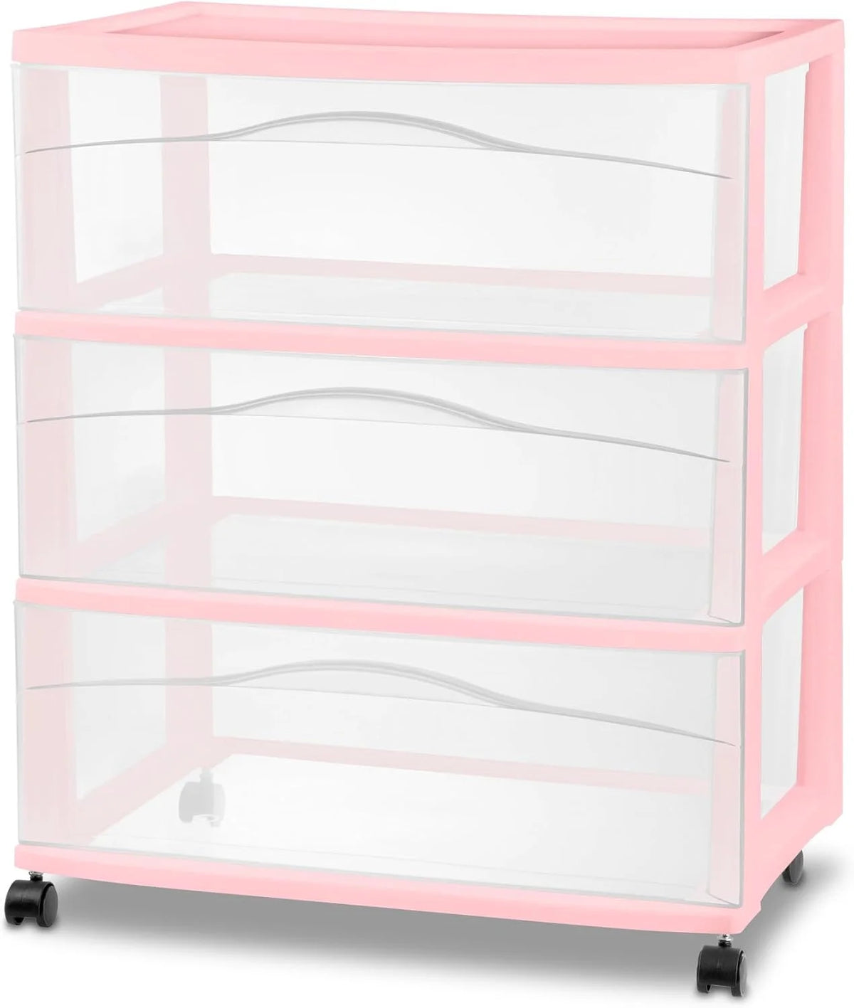 Sterilite Wide 3-Drawer Cart with Wheels for Bedroom & Dresser, Pink Frost