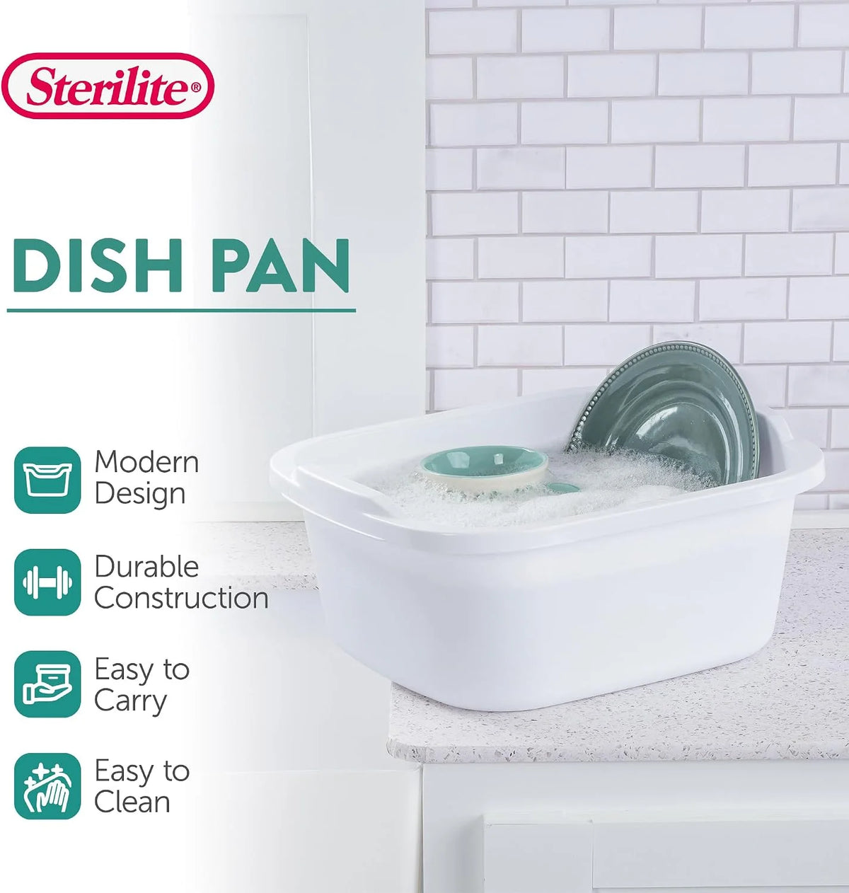 Sterilite Dishpan Basin with Molded Handles for Kitchen, 12 Quart, 8-Pack