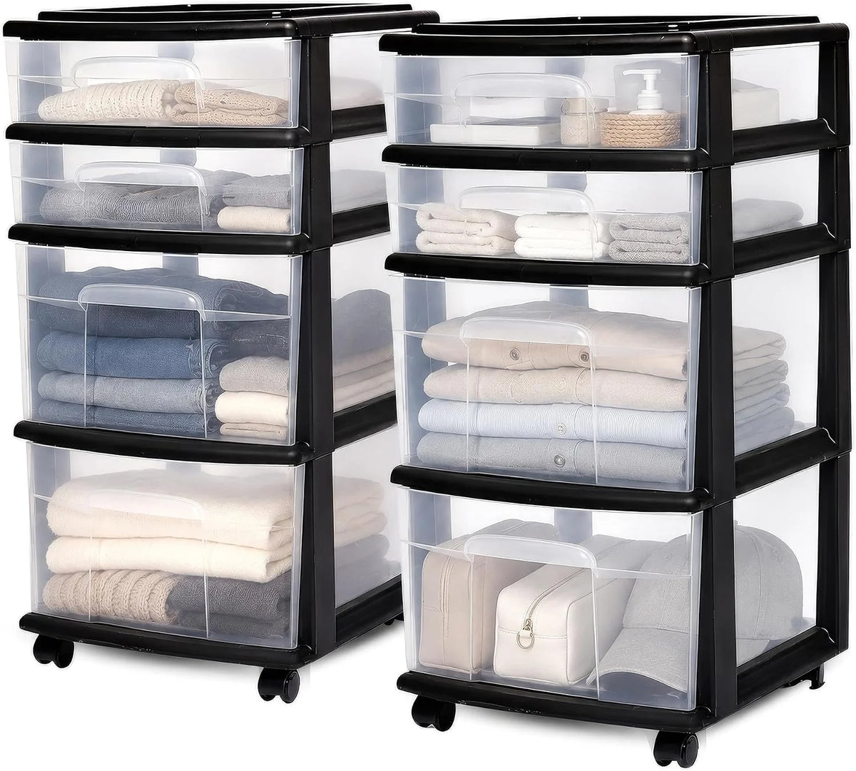 HOMZ Drawer Tower, 4-Tier Cart w/Removable Wheels, Black Frame, 2-Pack