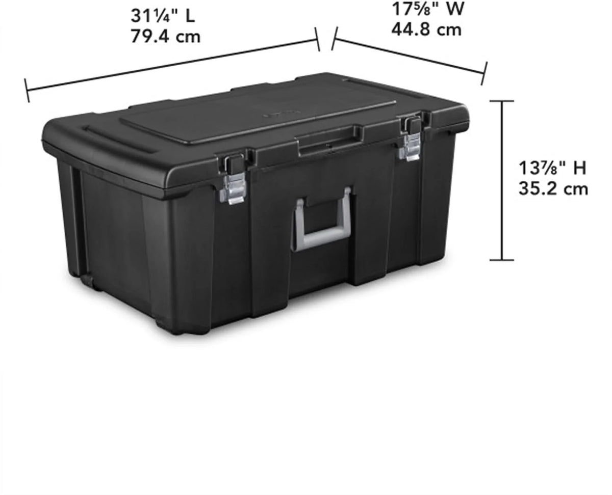 Sterilite Footlocker, Stackable Storage Bin with Latching Lid, Wheels and Handle, Plastic Rolling Container to Organize Basement, Black, (Pack of 1)