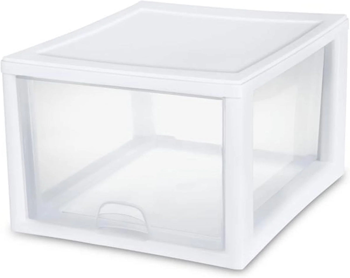 Sterilite 27 Quart White Frame Clear Plastic Stackable Storage Container Bin w/Single Drawer for Craft, Pantry, Sink, & Desktop Organization, 32 Pack