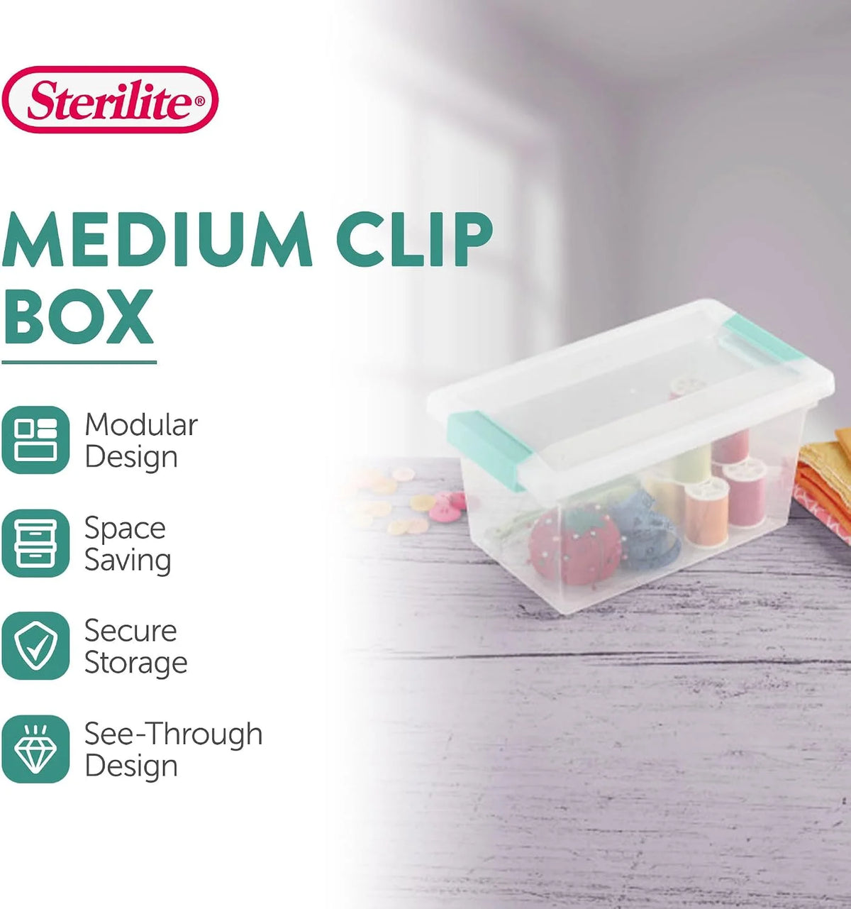 Sterilite Medium Clip Box Stackable Storage Bin with Latching Lid for Home, Office, School, Organize Paper, Notebooks, Crafts, Clear Lid, Base, 1-Pack