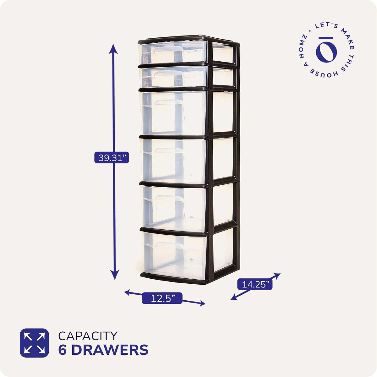 HOMZ Drawer Tower, 6-Tier Storage for Home Organization, Black Frame