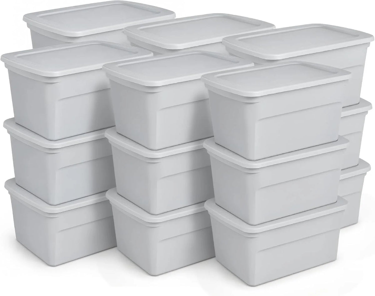 Sterilite 18 Pack 30 Gallon Plastic Tote Storage Container with Lid, Cement