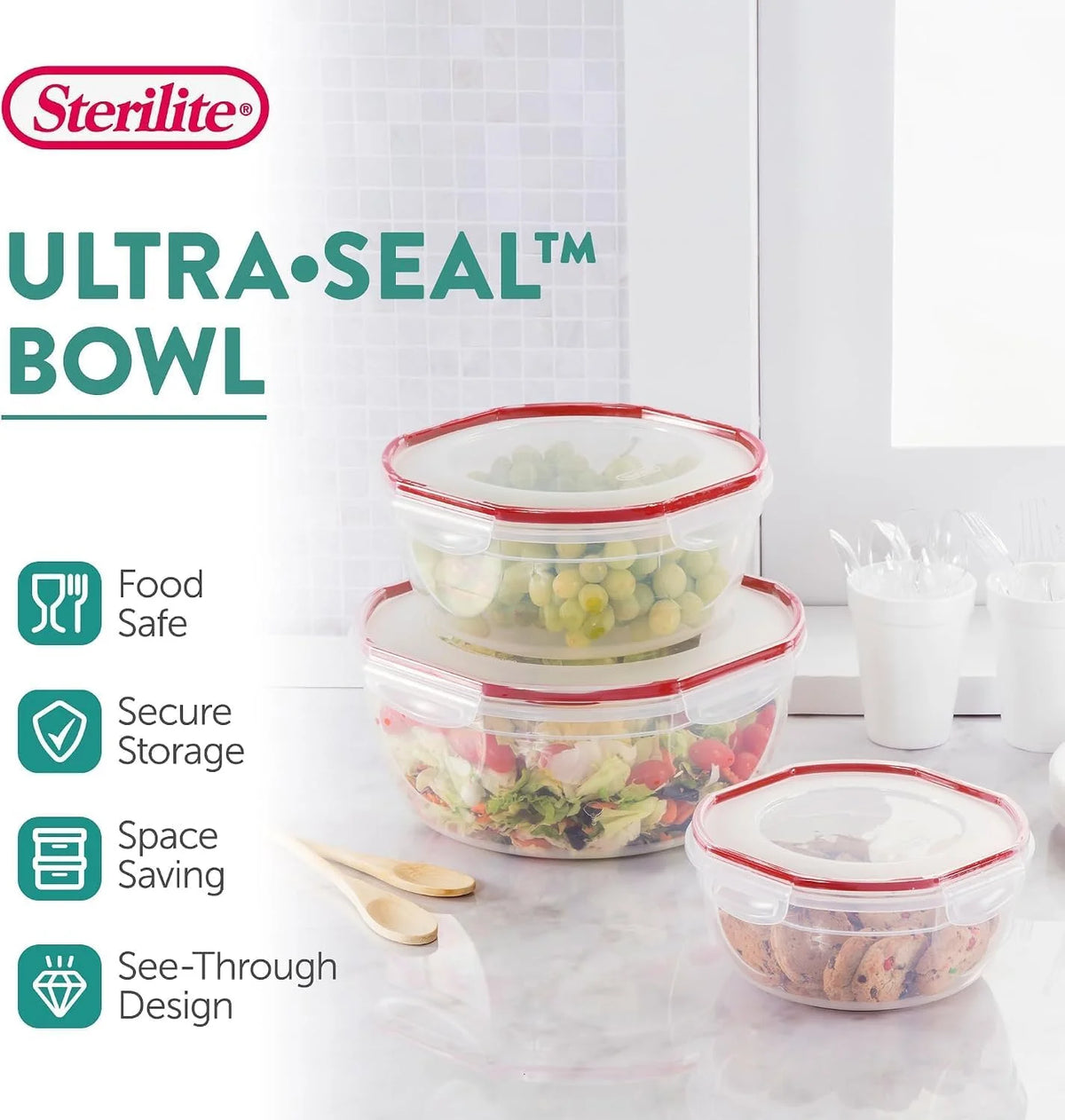 Sterilite Ultra-Seal Bowl, Large Airtight Food Storage, 4.7 Qt, 4-Pack