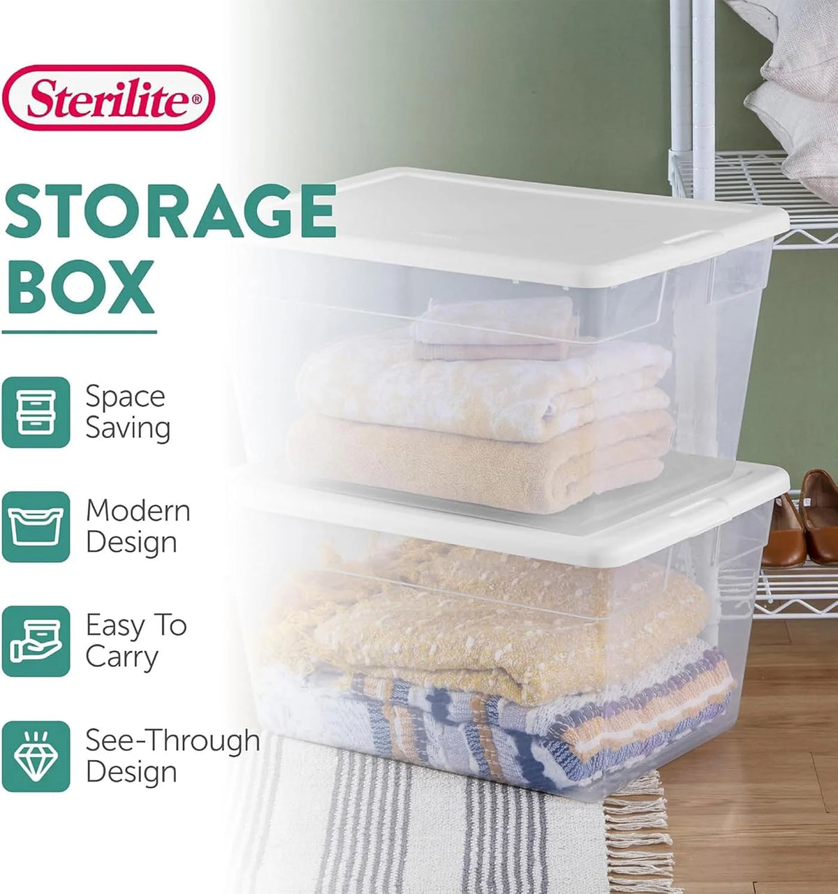 Sterilite 56 Quart Storage Box, Clear Plastic with White Snap Lid, 8 Pack