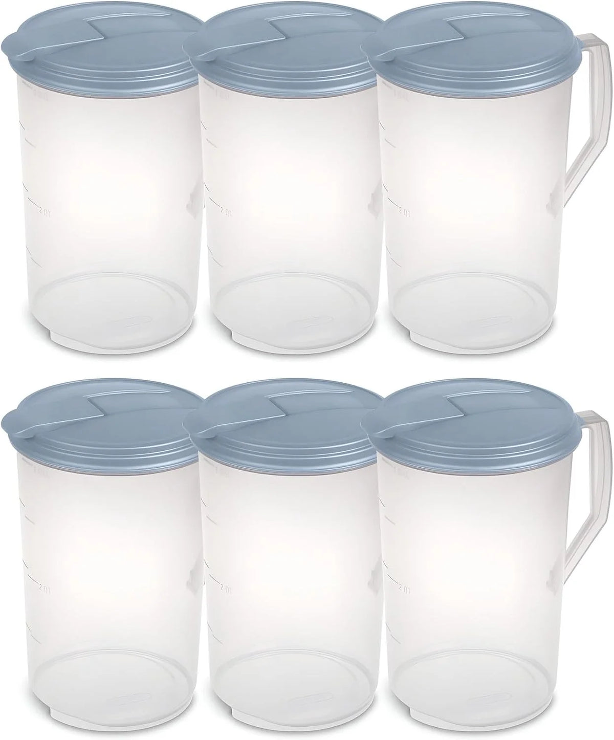 Sterilite 6 Pack 1 Gal Round Pitcher, Drink Dispenser Jug, Flip Tab Lid, Washed Blue