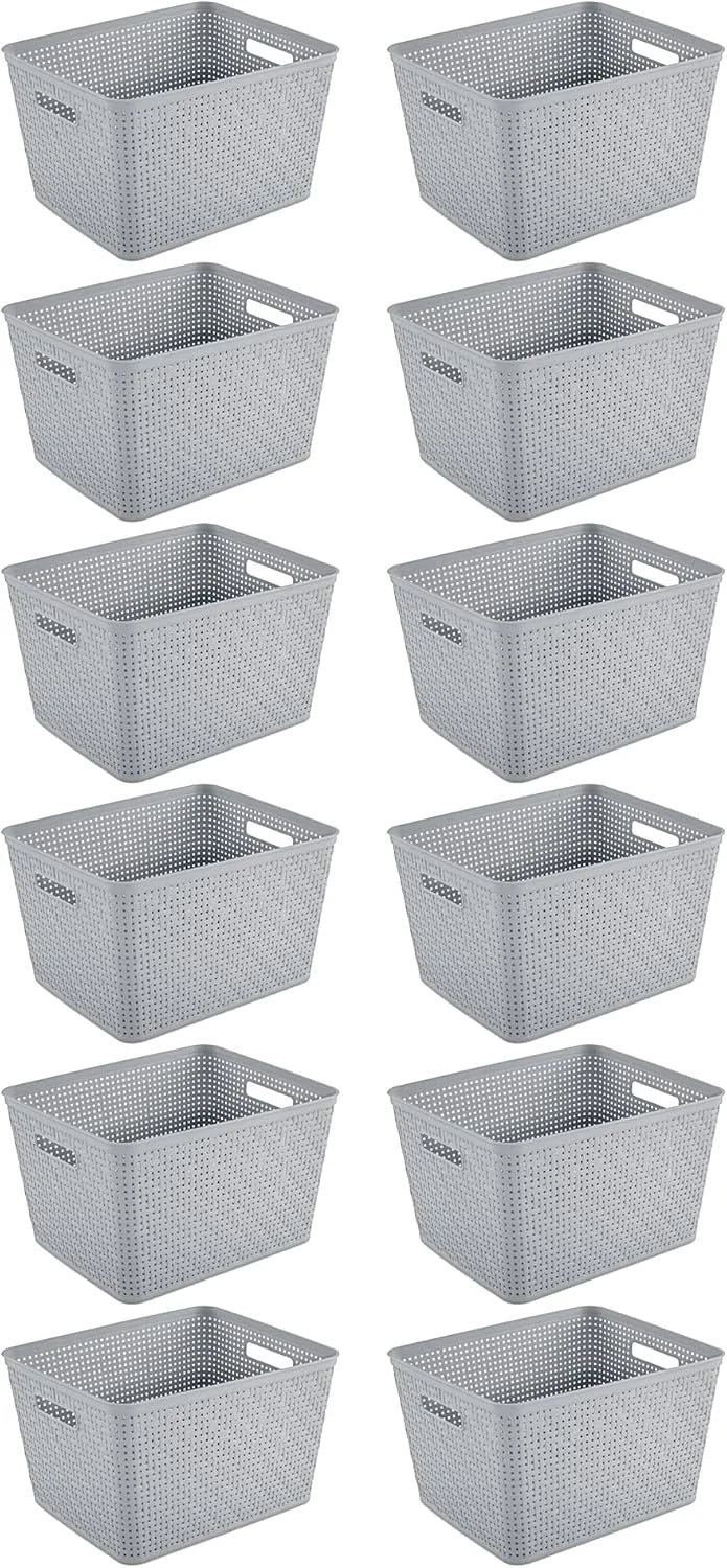 Sterilite 12 Pack Plastic Storage Bin Organization Containers, Tall Baskets, Cement