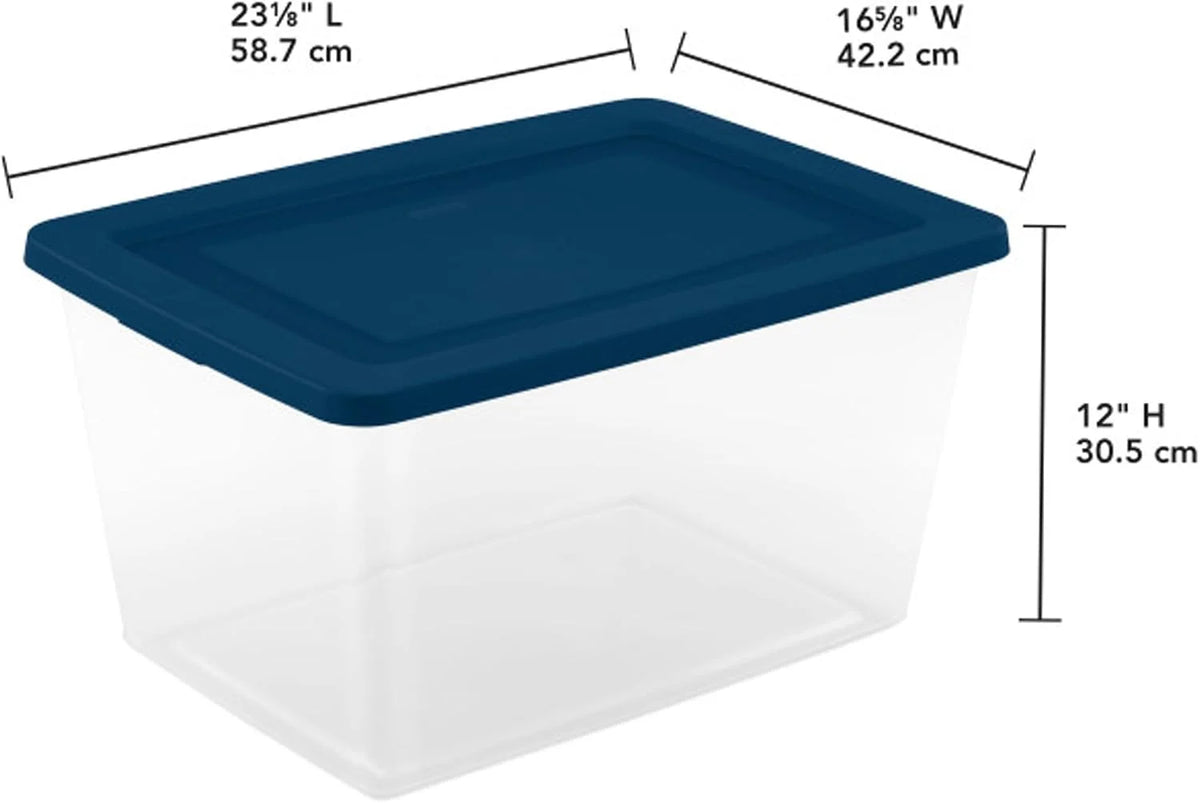 Sterilite Storage Box, Clear Snap Lid Tote, Marine Blue, 58 Qt, 24-Pack