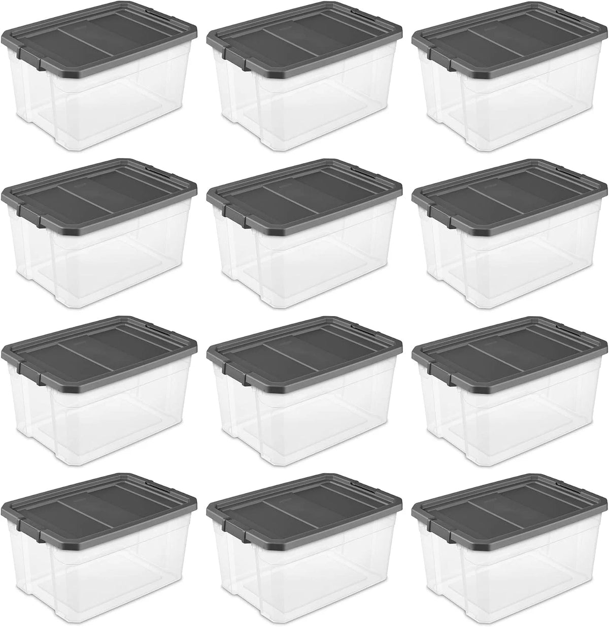Sterilite 76 Quart Plastic Stacker Box, Lidded Storage Bin Container for Home and Garage Organizing, Shoes, Tools, Clear Base & Gray Lid, 12-Pack