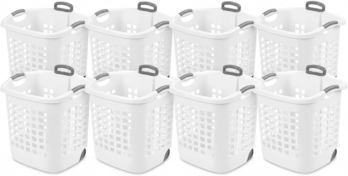 Sterilite 8 Pack Ultra Wheeled Laundry Basket, 1.75 Bushel Hamper, White