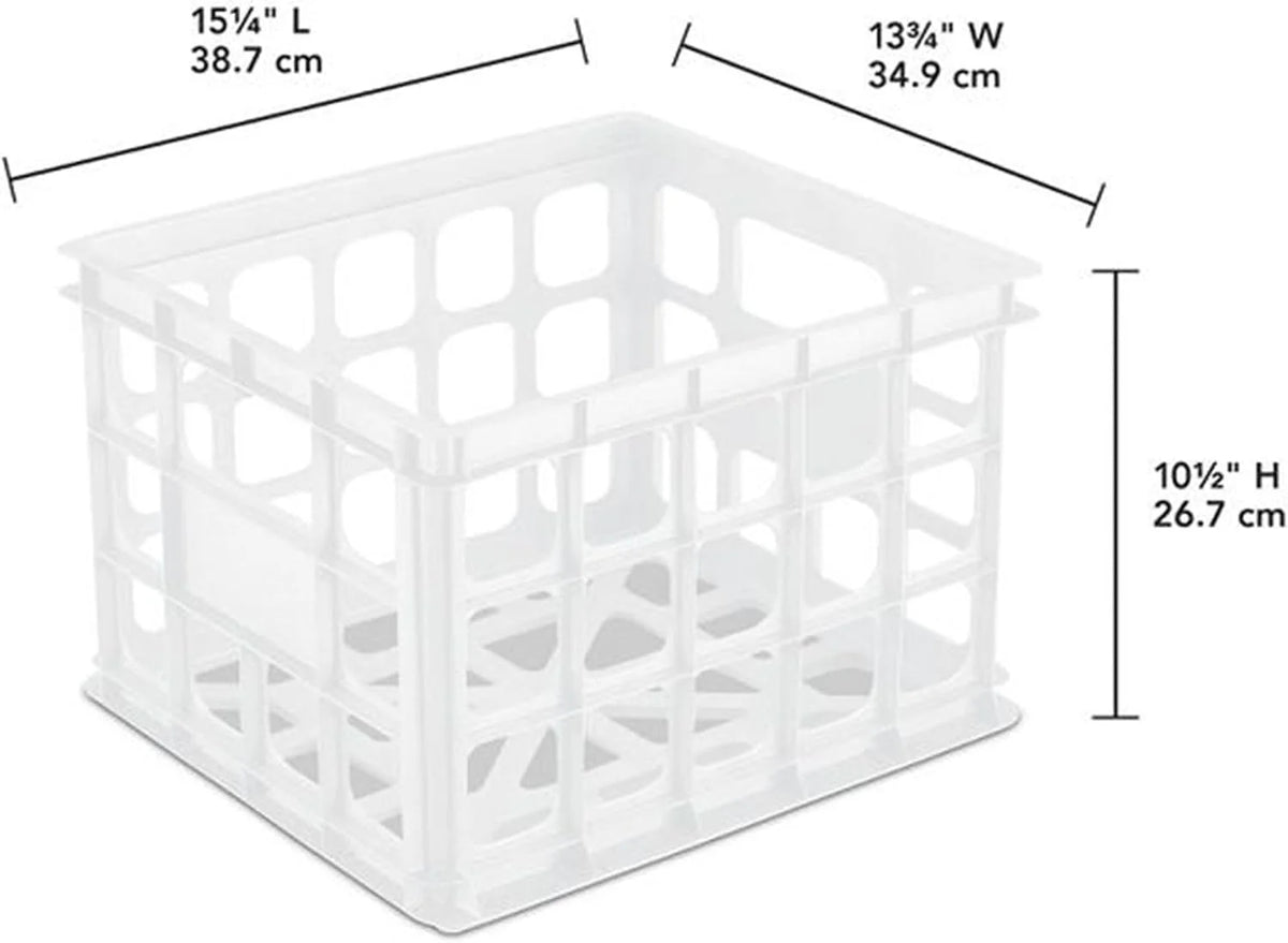 Sterilite Storage Crate, Stackable Plastic Bin Open Basket with Handles, Organize Home, Garage, Office, School, White, 6-Pack