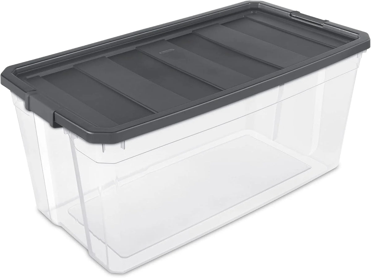 Sterilite 200 Quart Clear Plastic Modular Stacker Storage Bin Tote Container with Latching Lid, Clear Base, and Textured Sure-Grip Surface, Flat Grey