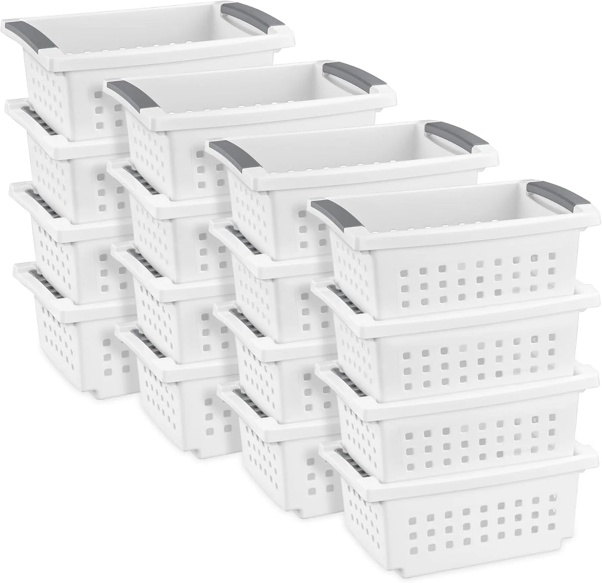Sterilite 16608008 Small Stacking Basket with Vertical Stacking Functionality and Titanium Accents for Organization in Home or Office, White (16 Pack)
