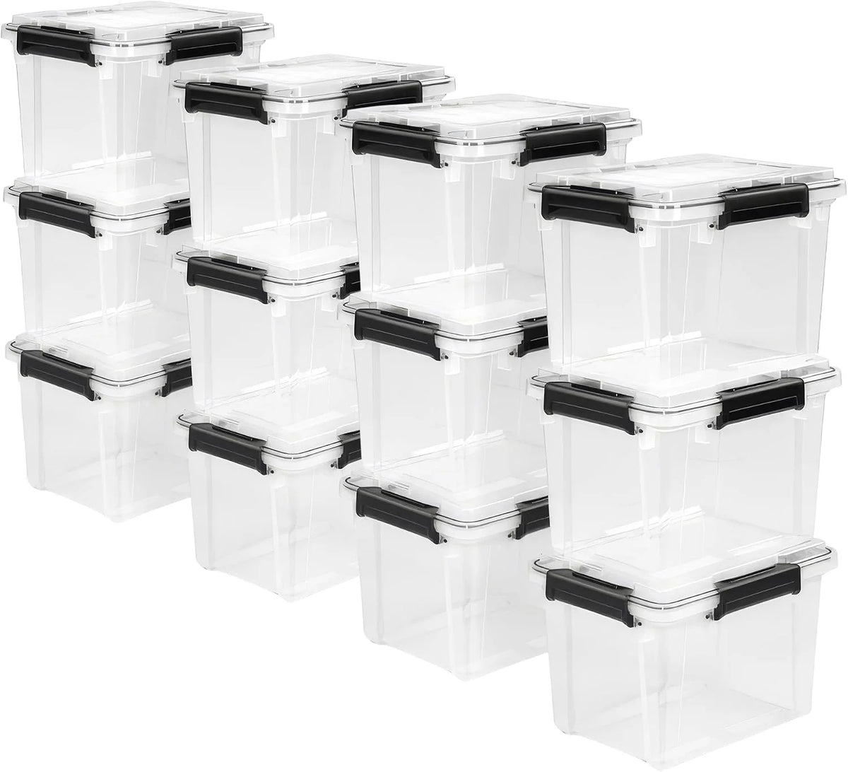 Sterilite 12 Pack 19 Qt Gasket Box, Clear Stackable Plastic Storage Container with Lids, Black - Waterproof and Dustproof Tote for Home Organization