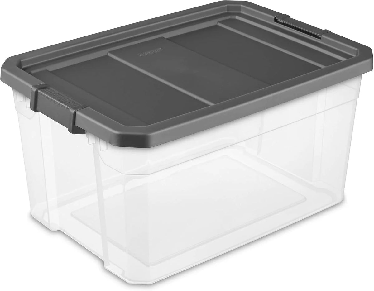 Sterilite 76 Quart Plastic Stacker Box, Lidded Storage Bin Container for Home and Garage Organizing, Shoes, Tools, Clear Base & Gray Lid, 12-Pack