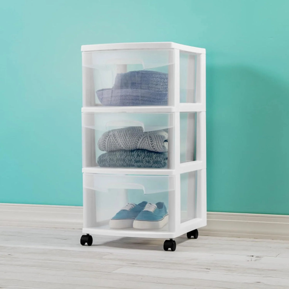 Sterilite 2 Pack Plastic Storage Organizer, 3 Drawer Rolling Bin Cart, Closet Organization, White
