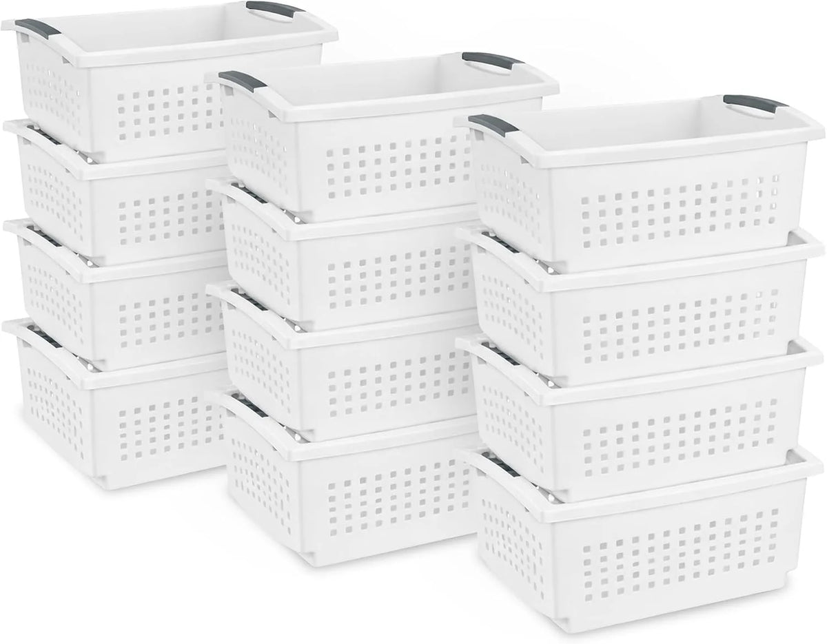 Sterilite Large Stacking Basket Plastic Storage Organizer, White, 12-Pack