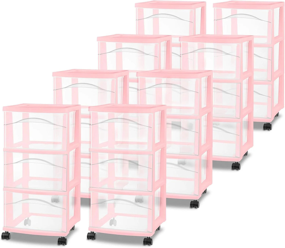 Sterilite 3-Drawer Cart with Wheels for Bedroom and Dresser, 8-Pack