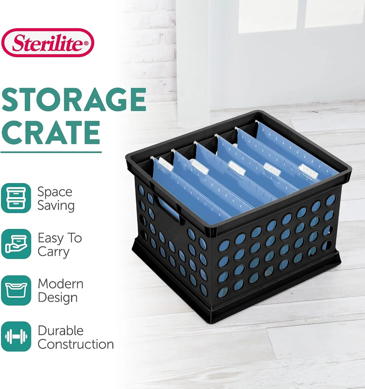 Sterilite Storage Crate Bin File Organizer for Home & Office,Black, 12-Pack